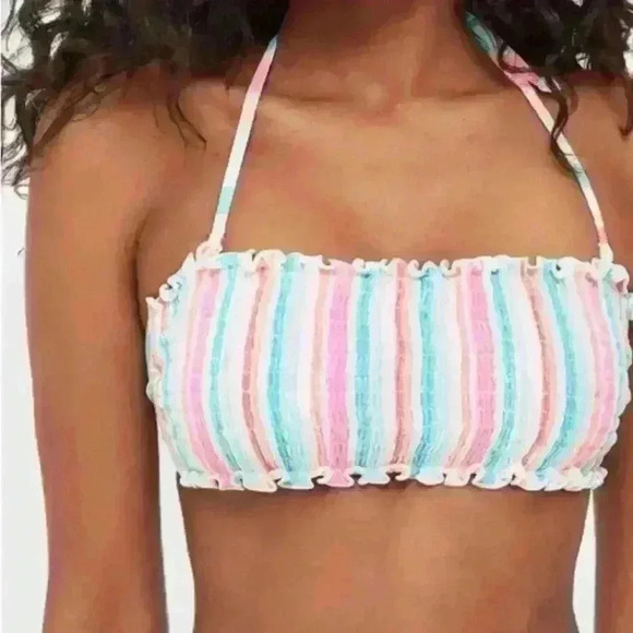 Ardene Ruched Strappy Bikini top and bottom multicolour White Blue Pink size S - Picture 2 of 8